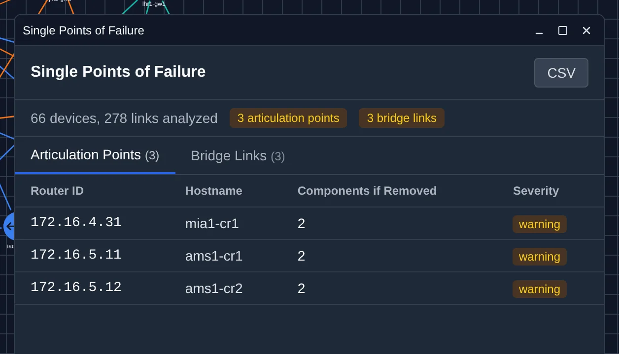 The Single Points of Failure report: how many devices and links were analysed, then the articulation points with the number of components each would leave behind