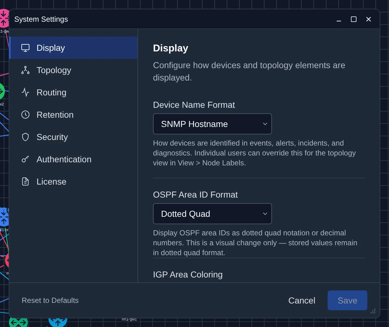 System Settings on the Display tab, with the section list on the left and Reset to Defaults, Cancel and Save along the bottom